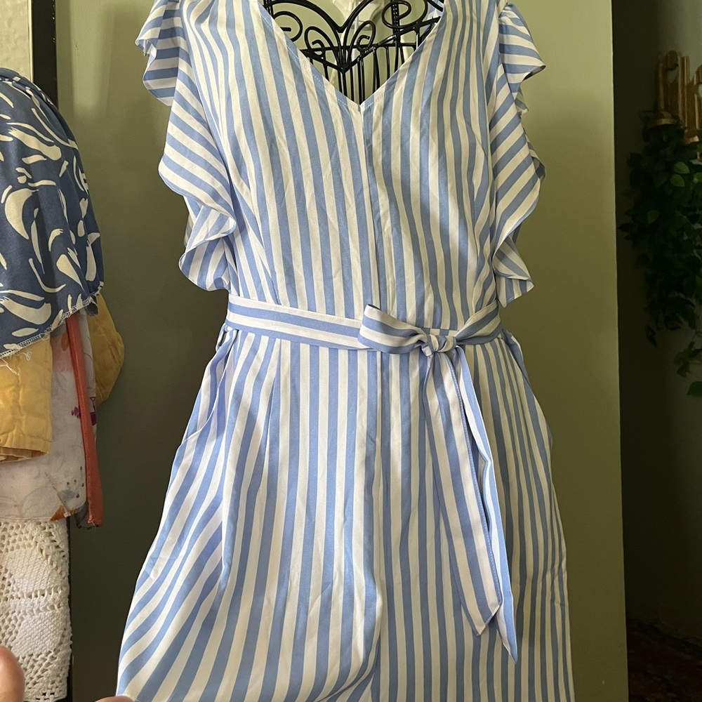 SHEIN Cutest Blue and White Striped Ruffle Romper with pockets